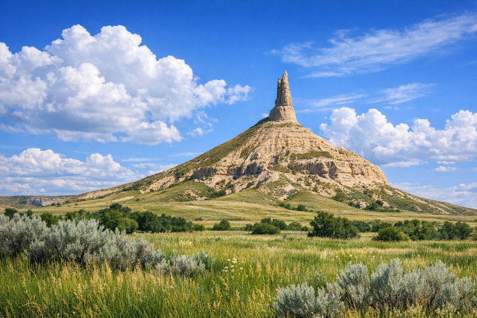 Chimney Rock National Historic Site rising from the Nebraska Great Plains