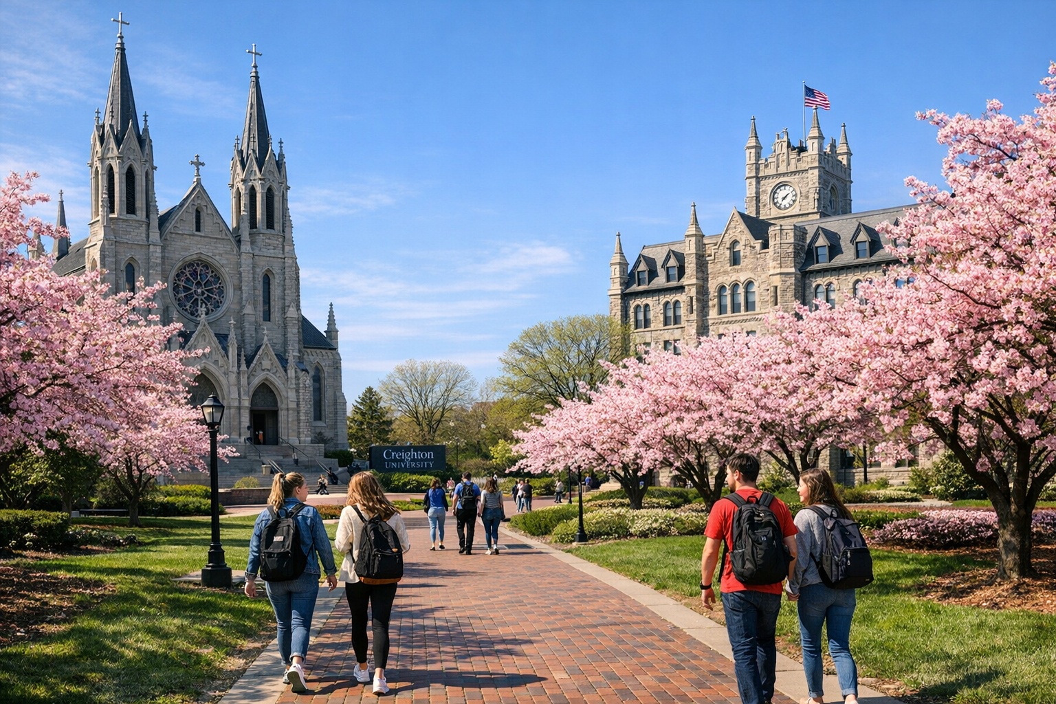 Creighton University campus in Omaha Nebraska with spring cherry blossoms