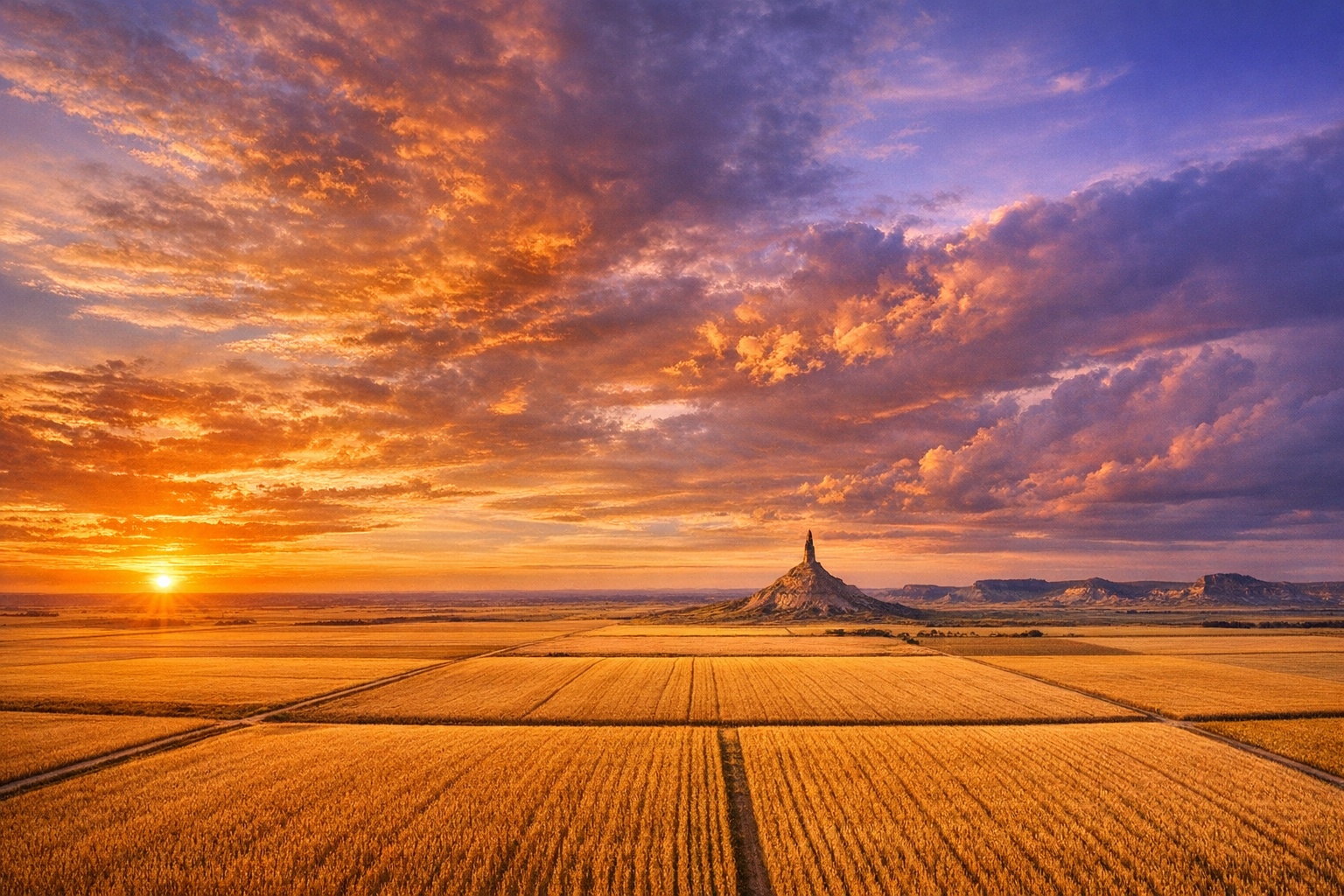 Golden wheat fields stretching across the Nebraska Great Plains at sunset with Chimney Rock in the distance
