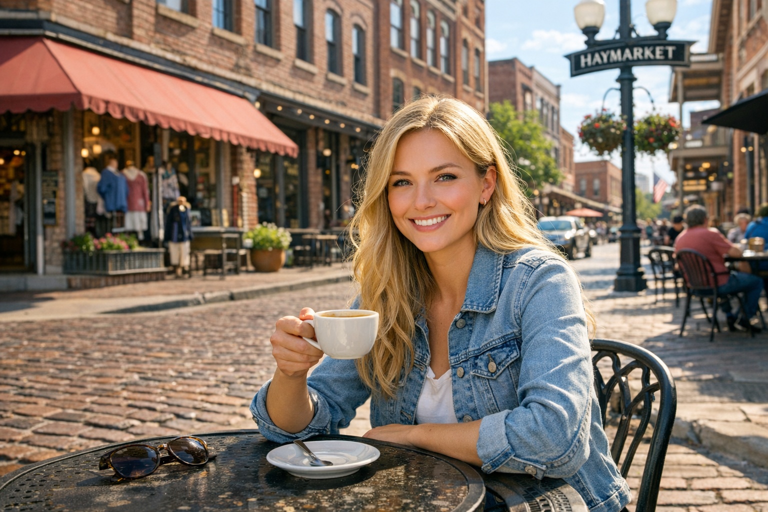 Young woman enjoying coffee at an outdoor cafe in Lincoln Nebraska