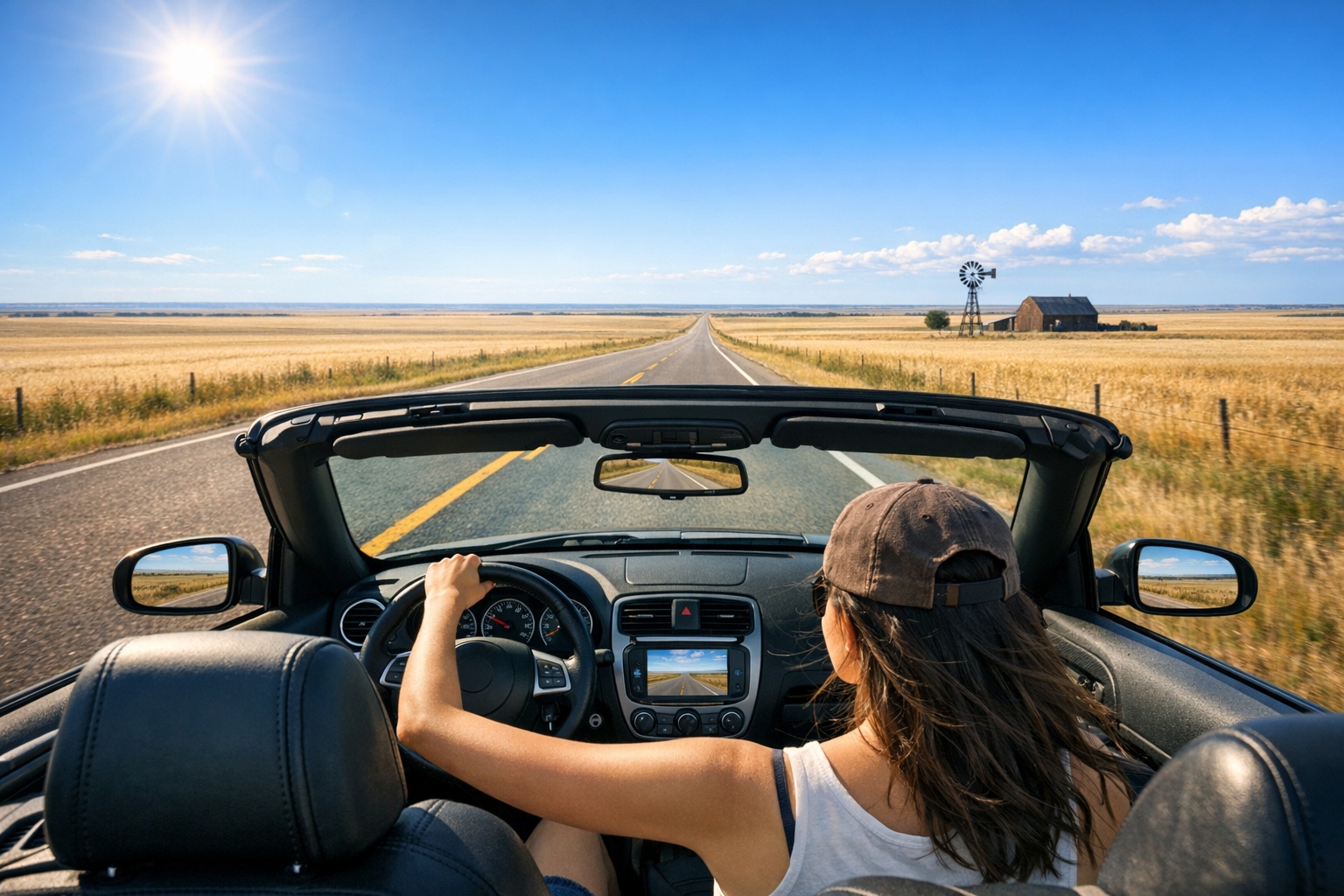 Young woman driving on an open Nebraska highway through the Great Plains
