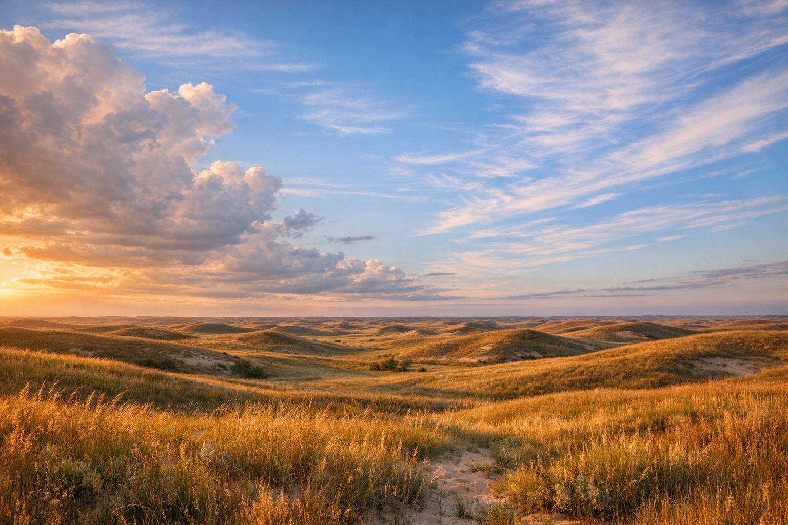 Nebraska Sandhills rolling grass-covered dunes at golden hour