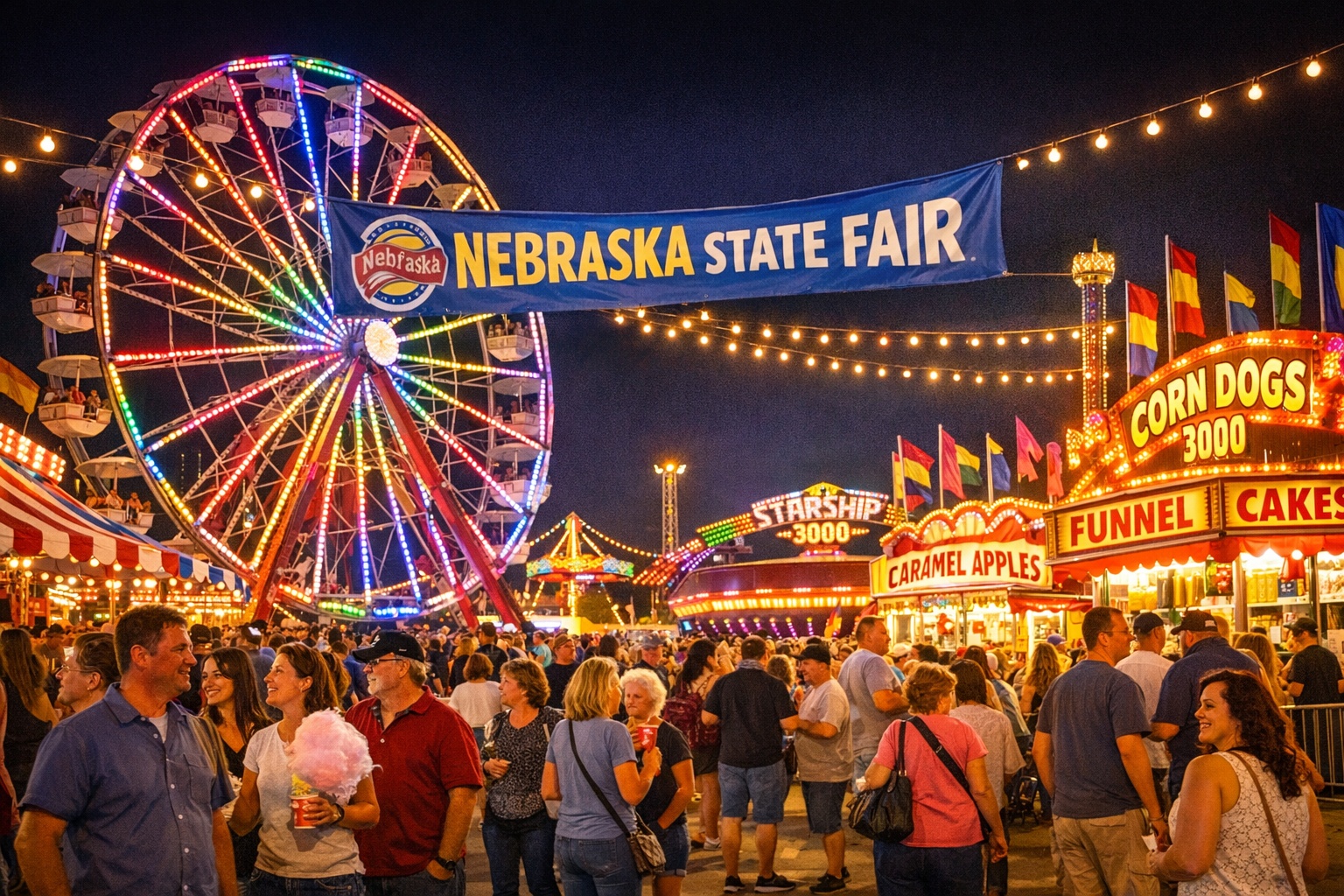 Nebraska State Fair at night with colorful Ferris wheel and carnival lights