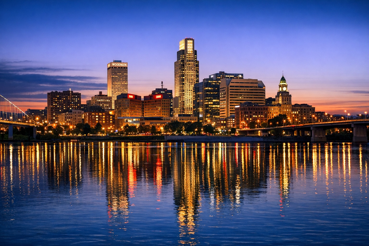 Omaha Nebraska skyline at dusk with Missouri River reflections