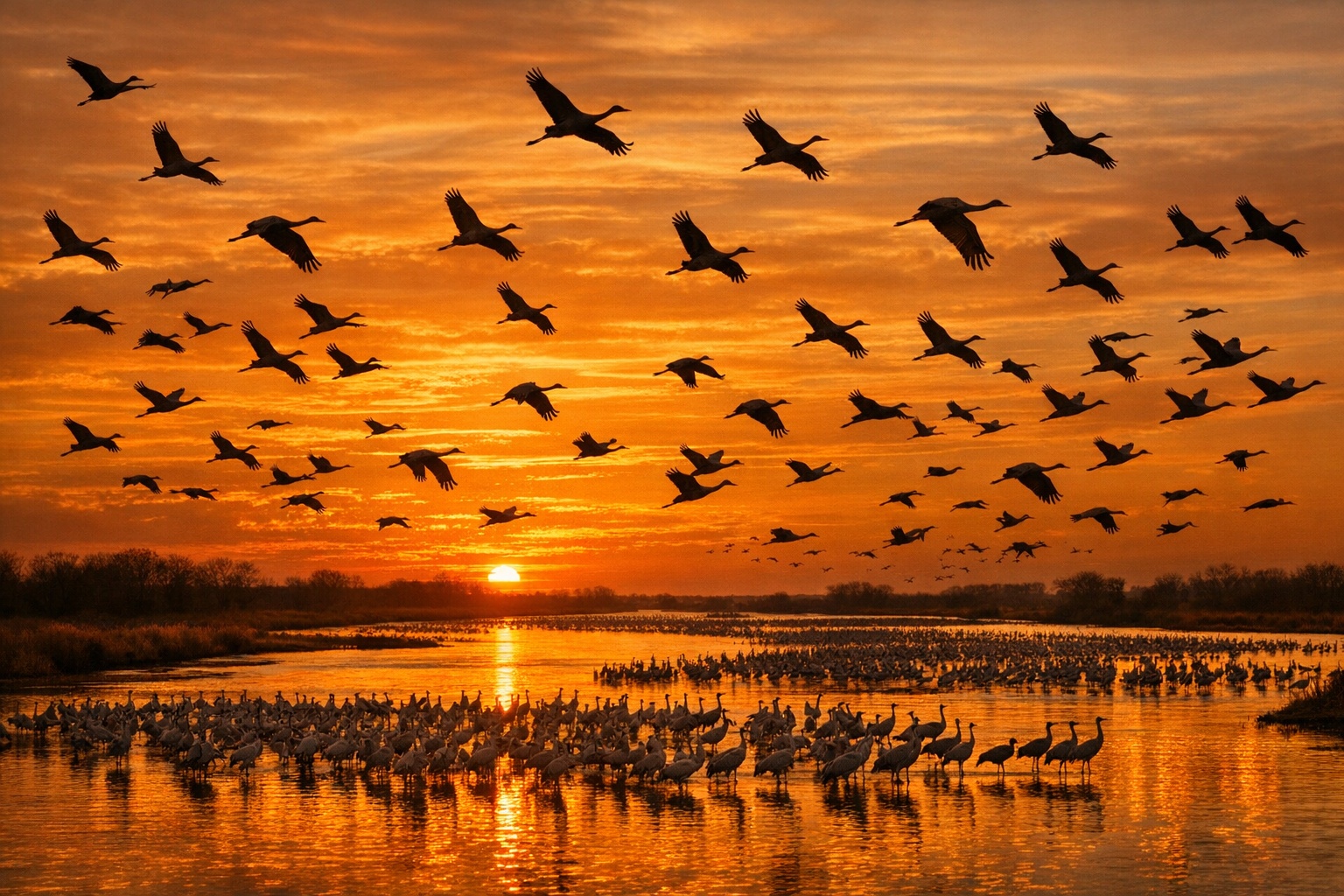 Thousands of sandhill cranes in flight over the Platte River at sunset