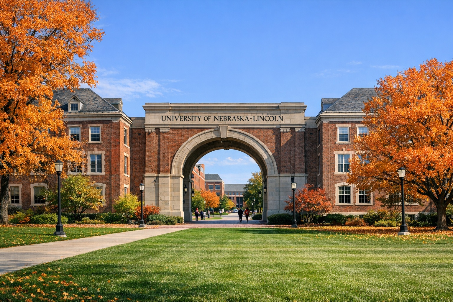 University of Nebraska Lincoln campus with red brick buildings and autumn trees