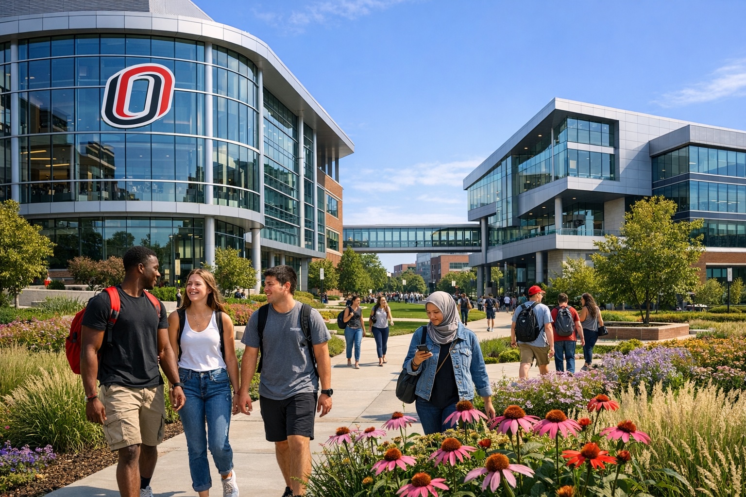 University of Nebraska Omaha modern campus buildings with students