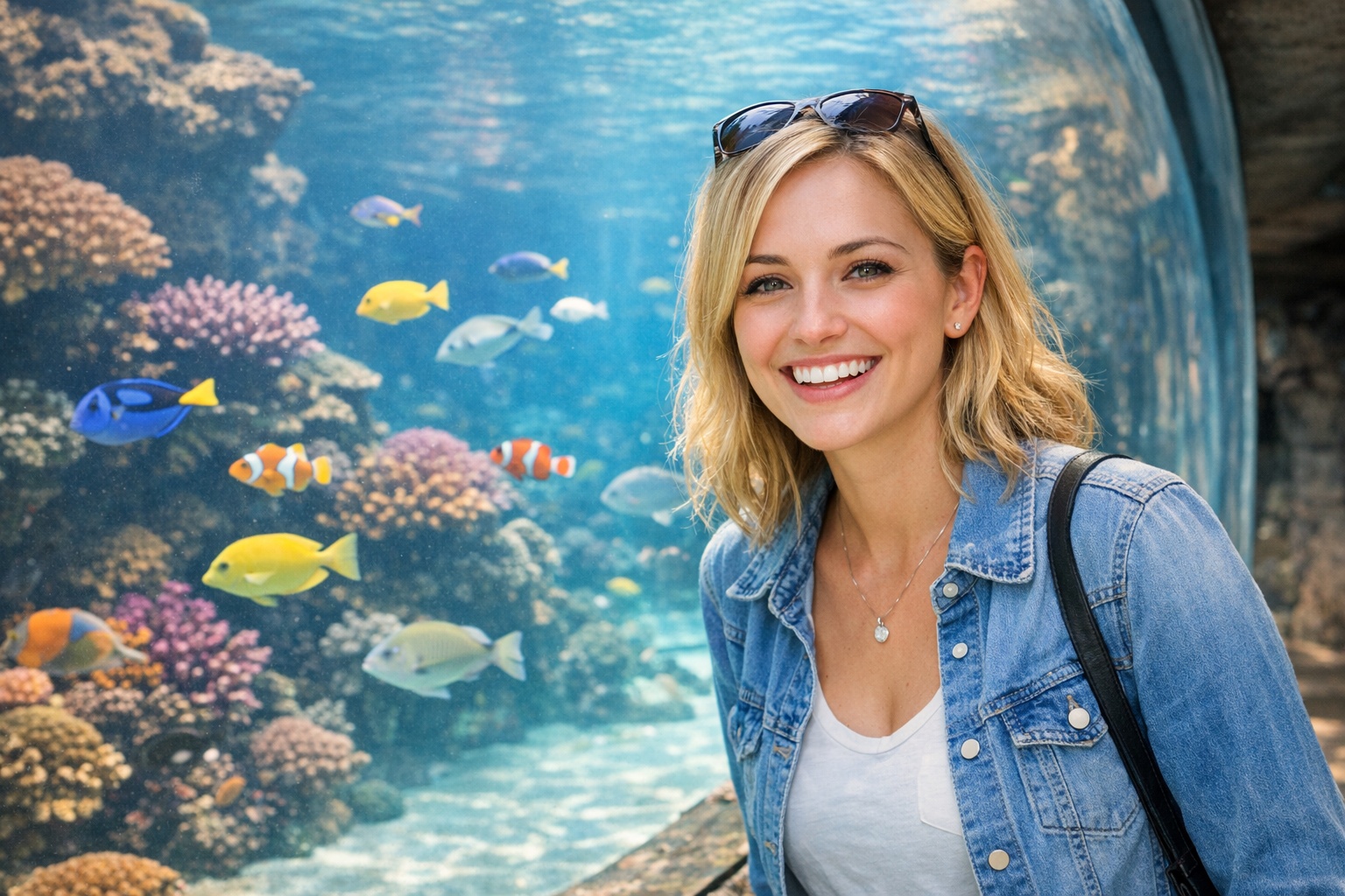 Young woman at Henry Doorly Zoo in Omaha Nebraska near the aquarium
