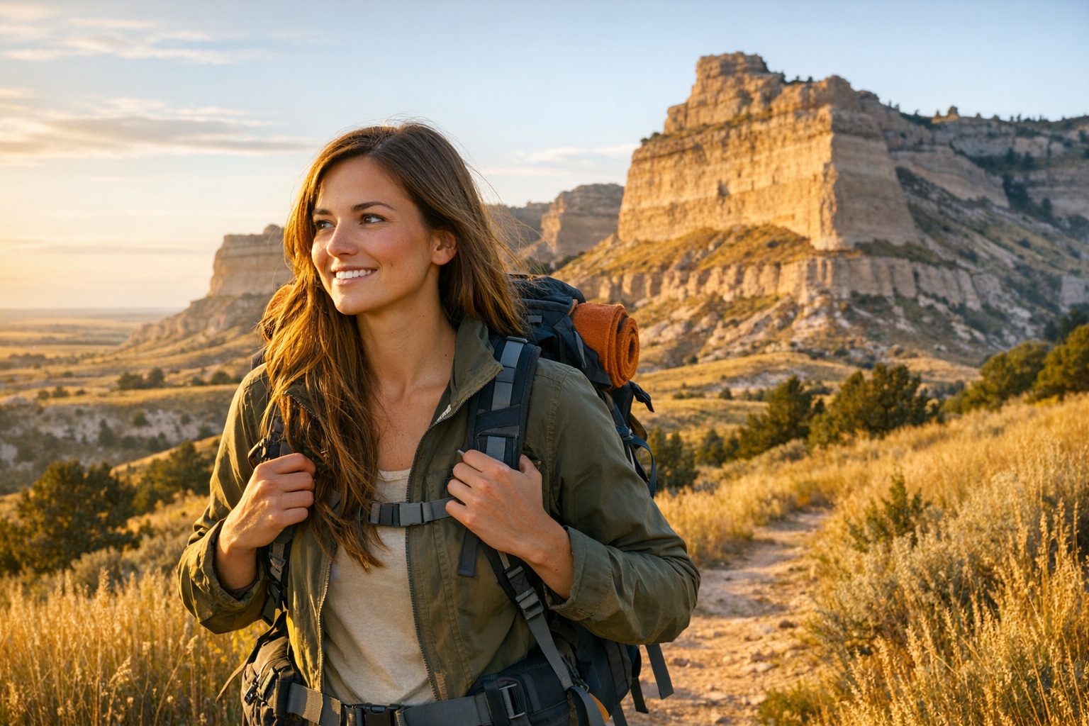 Young woman hiking at Scotts Bluff National Monument Nebraska with scenic bluffs in background